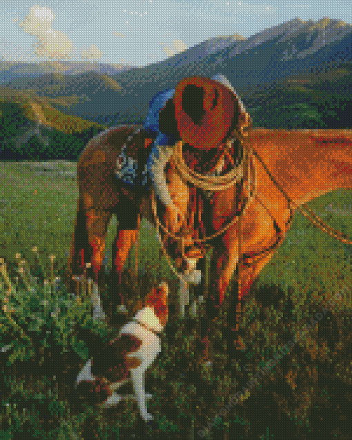 Cowboy With Horse And Dog In Nature Diamond Painting