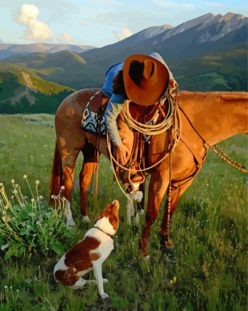 Cowboy With Horse And Dog In Nature Diamond Painting