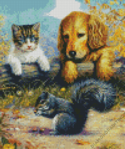 Dog And Cat With Squirrel Diamond Painting