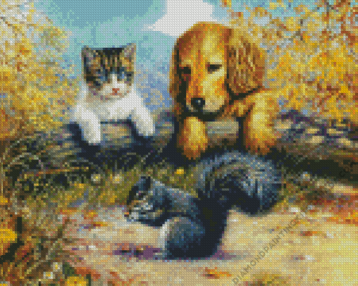 Dog And Cat With Squirrel Diamond Painting