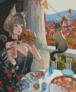 Anime Woman With Siamese Cat Diamond Painting