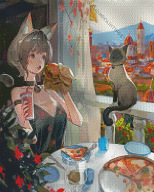 Anime Woman With Siamese Cat Diamond Painting