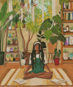 Girl Meditating With House Plants Diamond Painting