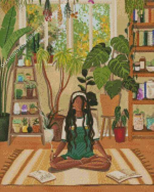 Girl Meditating With House Plants Diamond Painting