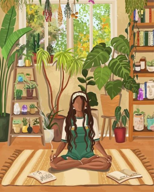 Girl Meditating With House Plants Diamond Painting