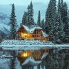 Norwegian Lake Cabin In The Snow Diamond Painting