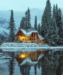 Norwegian Lake Cabin In The Snow Diamond Painting