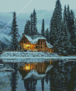 Norwegian Lake Cabin In The Snow Diamond Painting