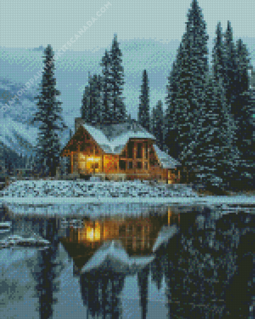 Norwegian Lake Cabin In The Snow Diamond Painting