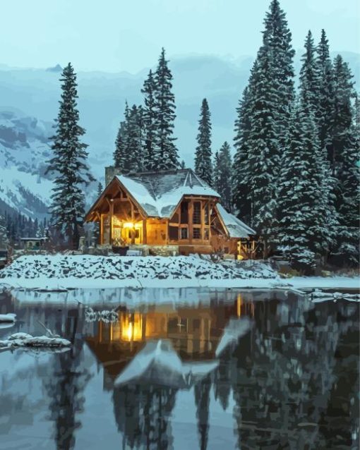 Norwegian Lake Cabin In The Snow Diamond Painting