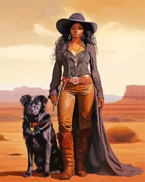 Black Woman Cowgirl With Dog Diamond Painting