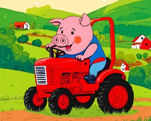 Cute Pig Driving A Farm Tractor Diamond Painting