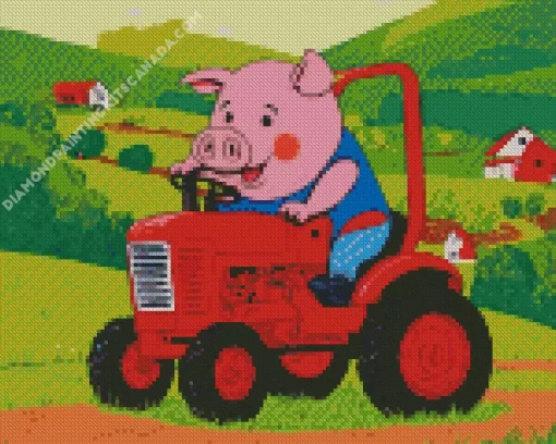 Cute Pig Driving A Farm Tractor Diamond Painting