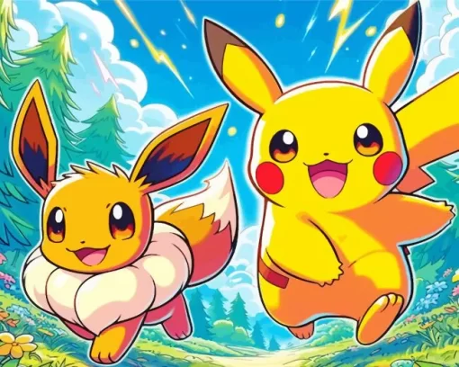 Excited Pikachu And Eevee Art Diamond Painting