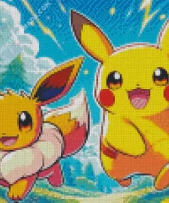 Excited Pikachu And Eevee Art Diamond Painting