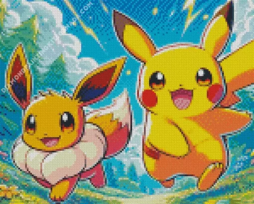 Excited Pikachu And Eevee Art Diamond Painting