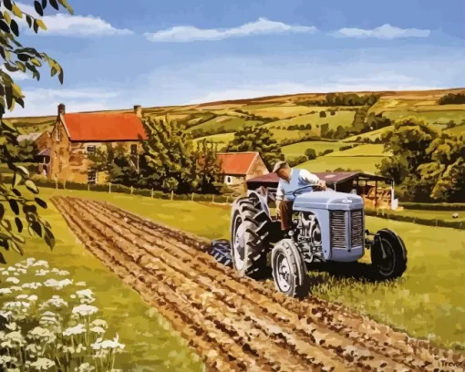 Farmer Driving A Grey Tractor Diamond Painting