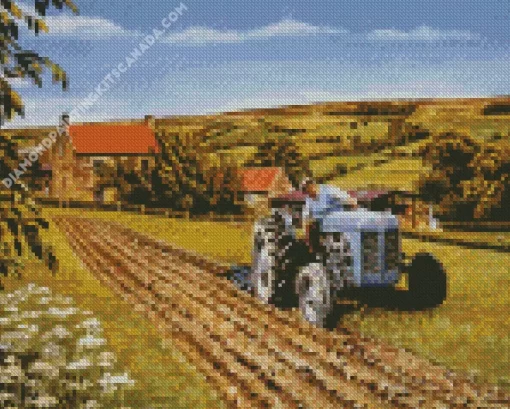 Farmer Driving A Grey Tractor Diamond Painting