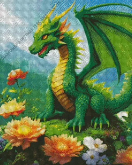 Green Dragon And Flowers Art Diamond Painting