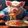 Pig Eating Spaghetti Diamond Painting