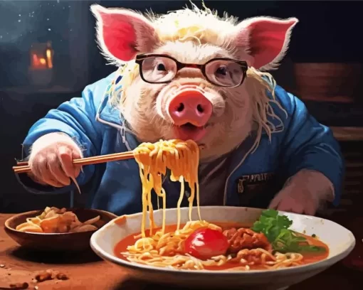 Pig Eating Spaghetti Diamond Painting