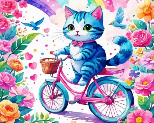 Cat On Blue And Pink Bike Diamond Painting