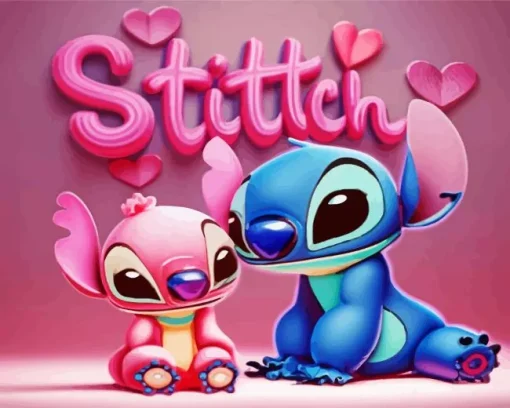 Disney Blue And Pink Stitch Diamond Painting