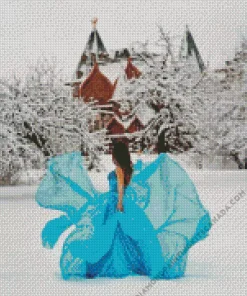 Girl Wearing Blue Dress In Snow Diamond Painting