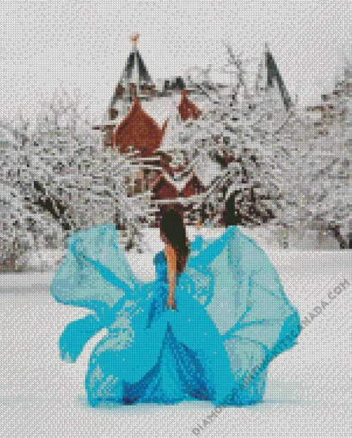 Girl Wearing Blue Dress In Snow Diamond Painting