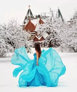 Girl Wearing Blue Dress In Snow Diamond Painting