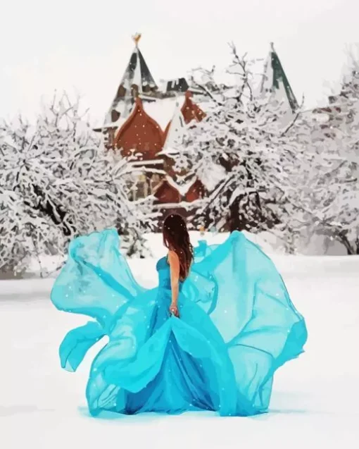 Girl Wearing Blue Dress In Snow Diamond Painting