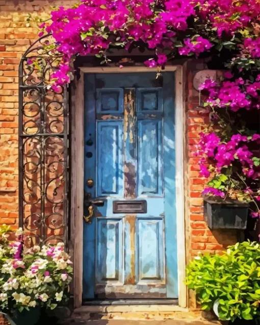 Old Blue Door Flowers Diamond Painting