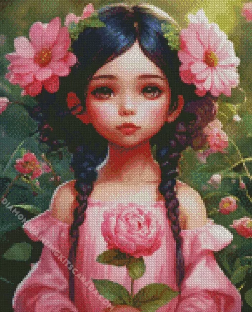 Aesthetic Girl And Flowers Diamond Painting