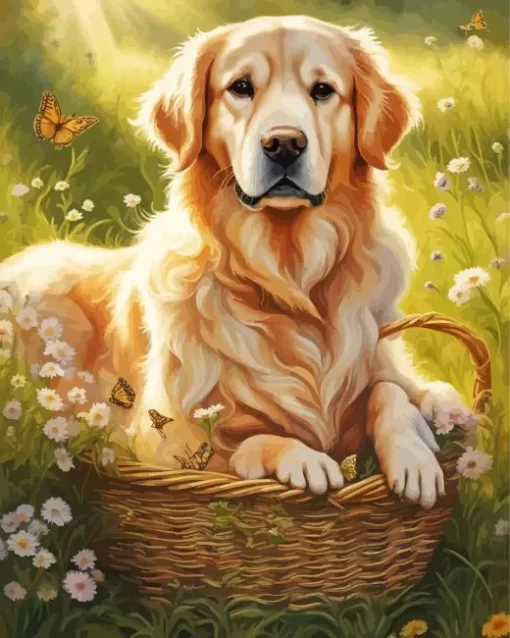 Blonde Labrador In A Basket Diamond Painting