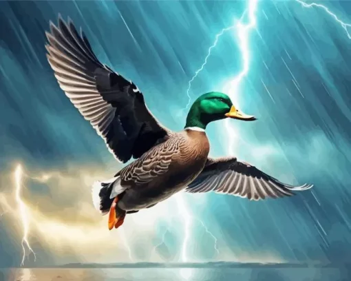 Duck Flying In A Electric Storm Diamond Painting