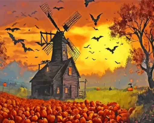 Halloween Farm Windmill Diamond Painting