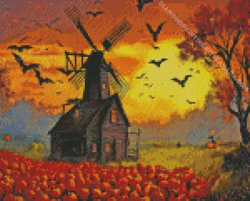 Halloween Farm Windmill Diamond Painting