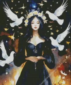 Lady And White Doves Diamond Painting