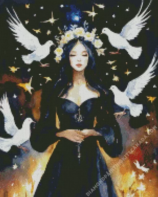 Lady And White Doves Diamond Painting