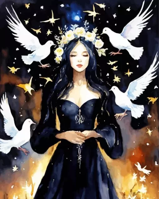 Lady And White Doves Diamond Painting