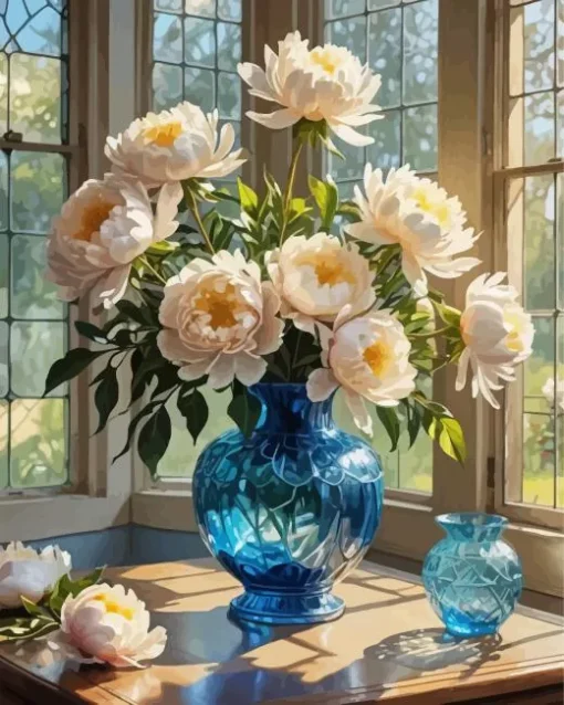 Flowers In Blue Glass Vase Diamond Painting