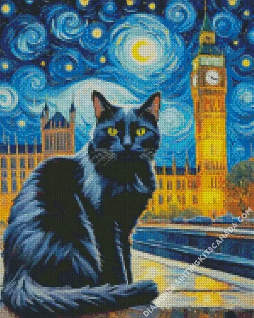 Black Cat Big Ben Van Gogh Diamond Painting