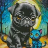 Black Pug Puppy And Cat Diamond Painting