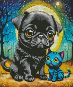 Black Pug Puppy And Cat Diamond Painting