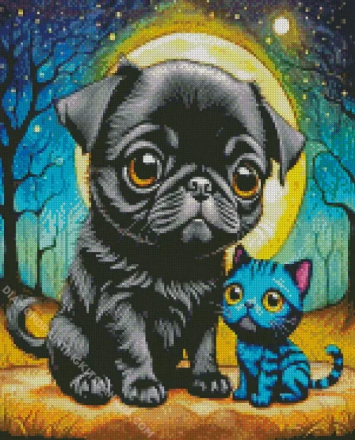 Black Pug Puppy And Cat Diamond Painting