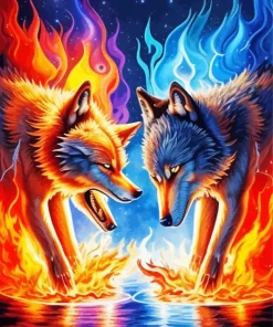 Blue And Fire Wolf Diamond Painting