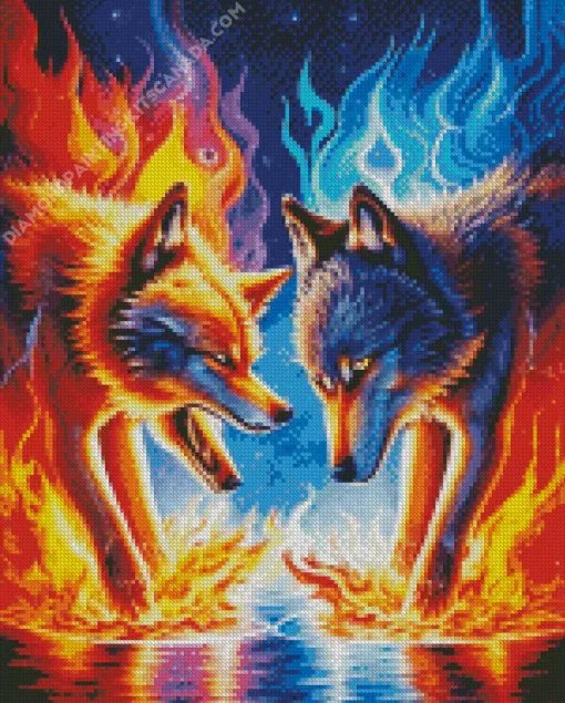 Blue And Fire Wolf Diamond Painting