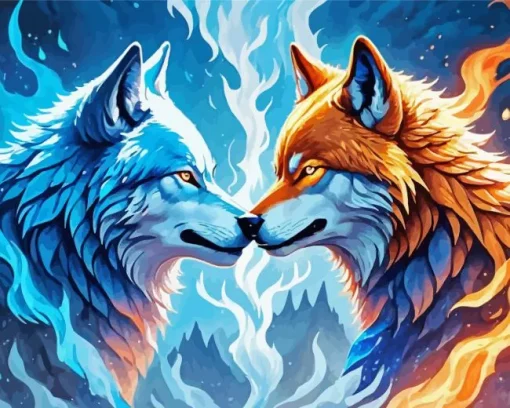 Blue And Red Fire Wolf Diamond Painting