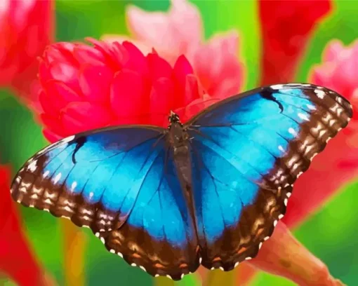 Blue Butterfly And Red Flowers Diamond Painting