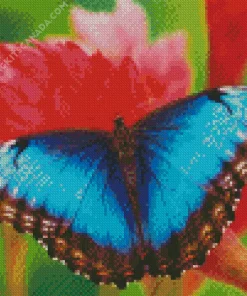 Blue Butterfly And Red Flowers Diamond Painting